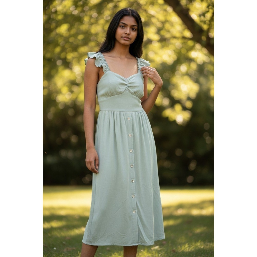 Audrey Parks Francescas Sage Green Ruffle Strap Smocked Midi Dress XS Darling